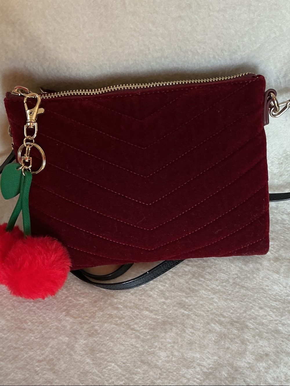 Plush Quilted Crossbody Bag in Burgundy with Red Pom Charm